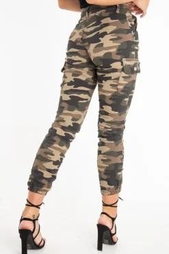 Rebellious Fashion Khaki Camo Print Utility Pocket Cargo Trousers - Kendall