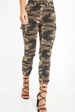 Rebellious Fashion Khaki Camo Print Utility Pocket Cargo Trousers - Kendall