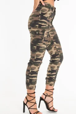 Rebellious Fashion Khaki Camo Print Utility Pocket Cargo Trousers - Kendall