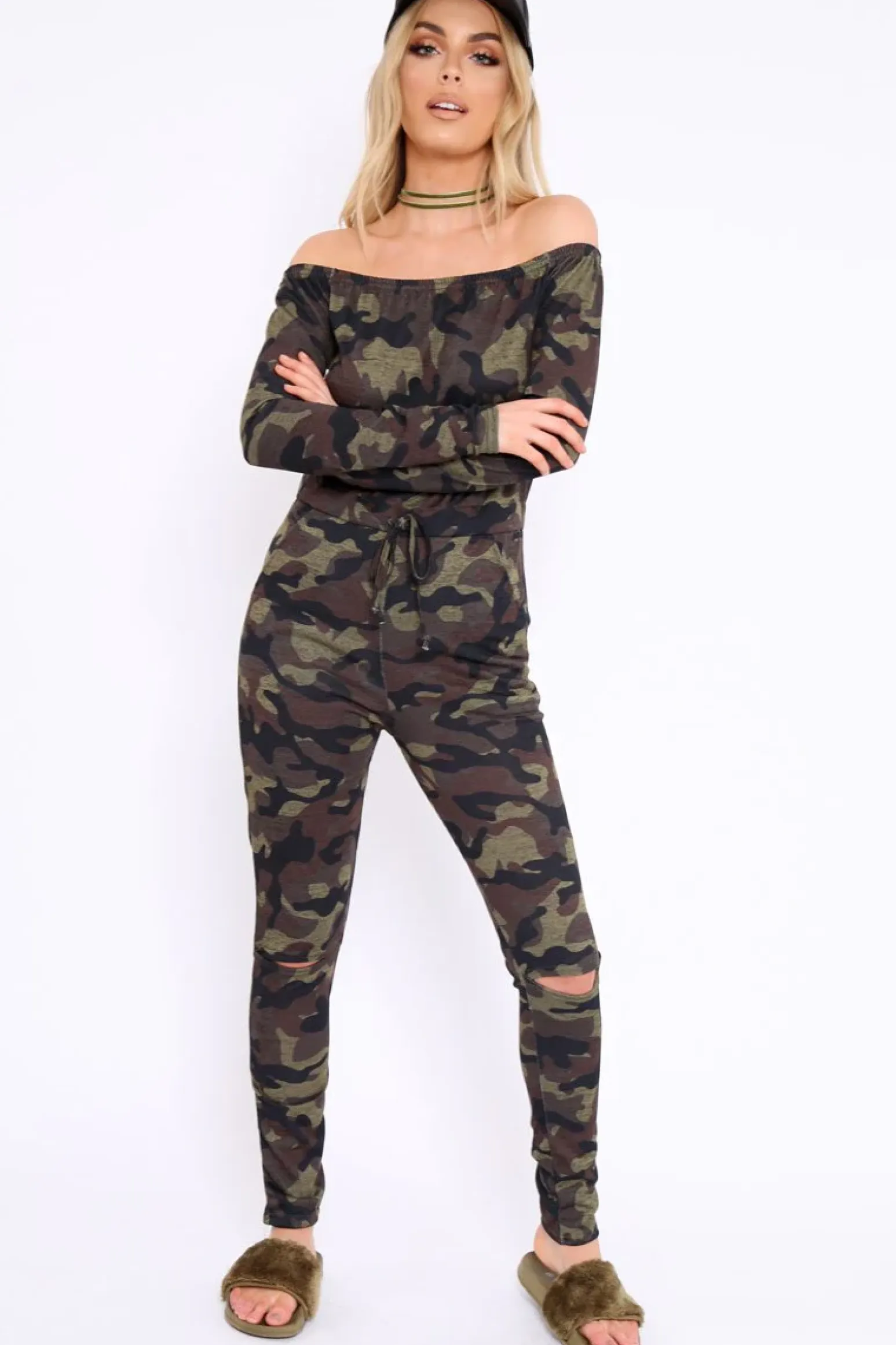 Rebellious Fashion Khaki Camo Rip Knee Jumpsuit - Chyna