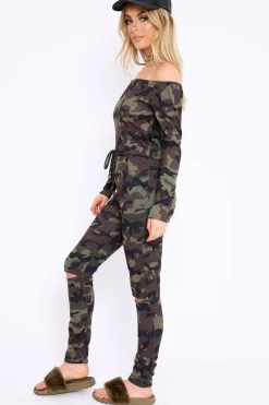 Rebellious Fashion Khaki Camo Rip Knee Jumpsuit - Chyna