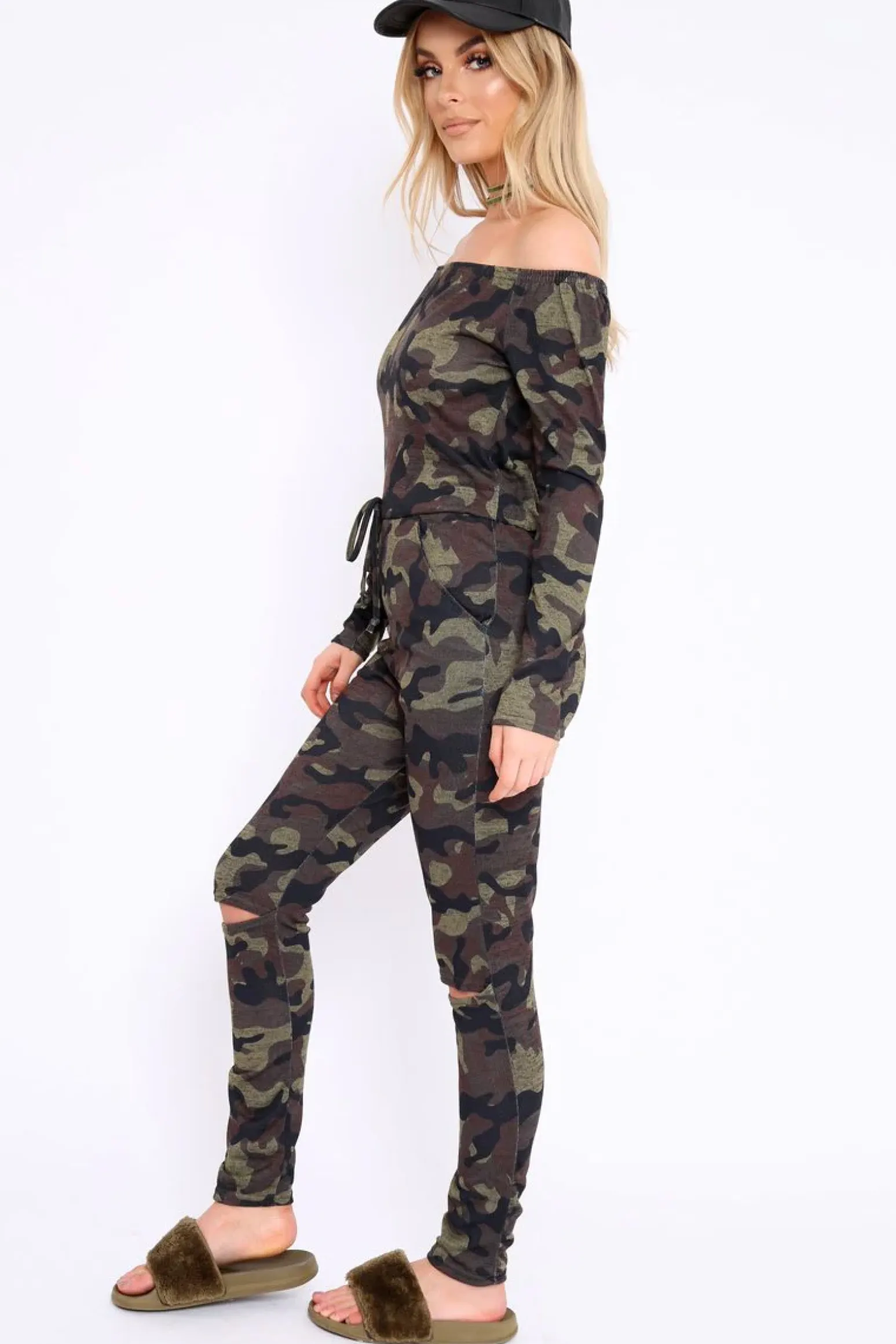 Rebellious Fashion Khaki Camo Rip Knee Jumpsuit - Chyna
