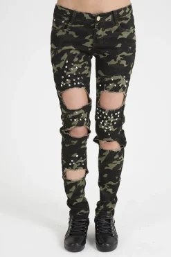 Rebellious Fashion Khaki Camo Studded Ripped Jeans - Christina