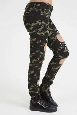 Rebellious Fashion Khaki Camo Studded Ripped Jeans - Christina