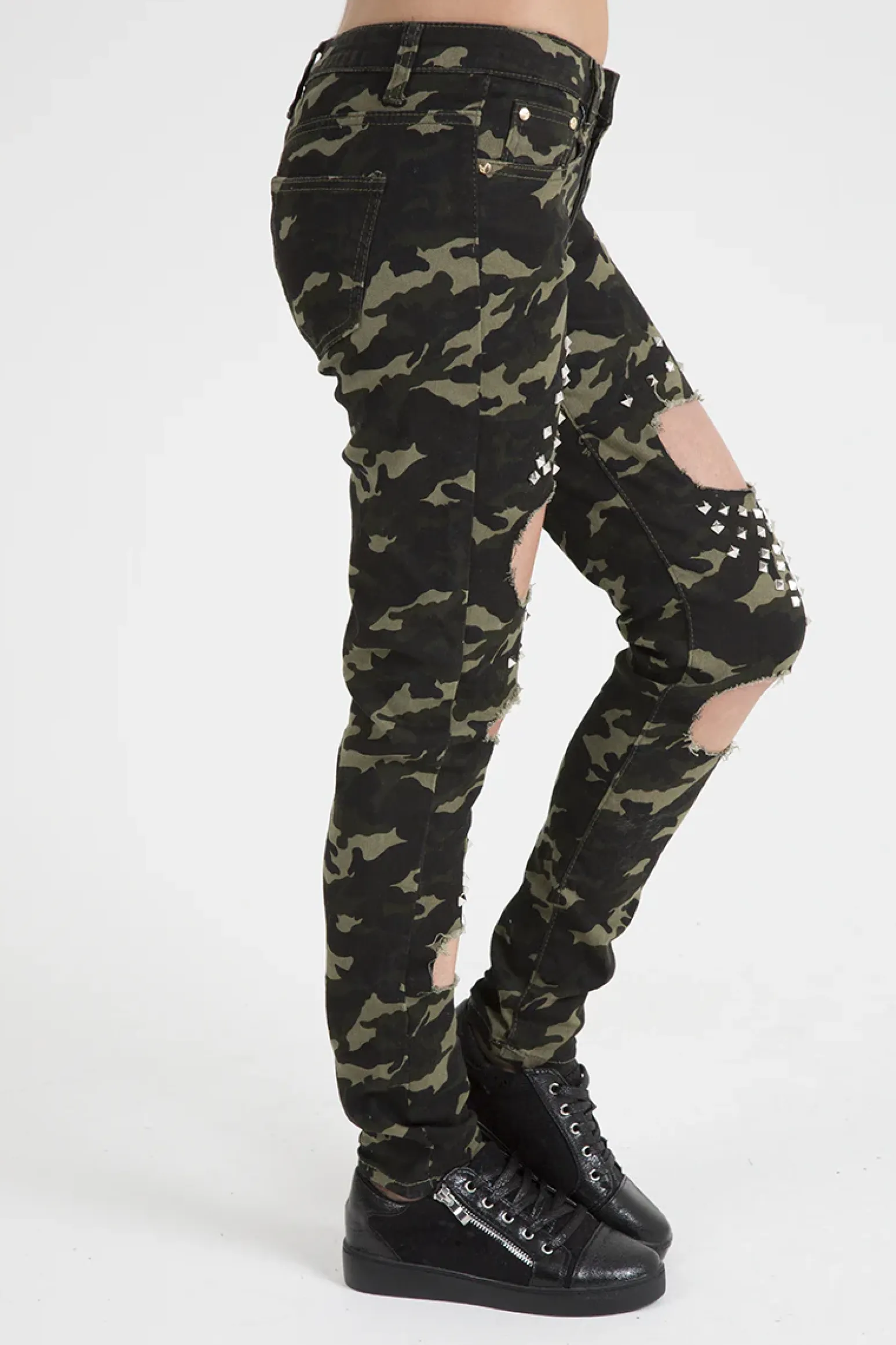 Rebellious Fashion Khaki Camo Studded Ripped Jeans - Christina