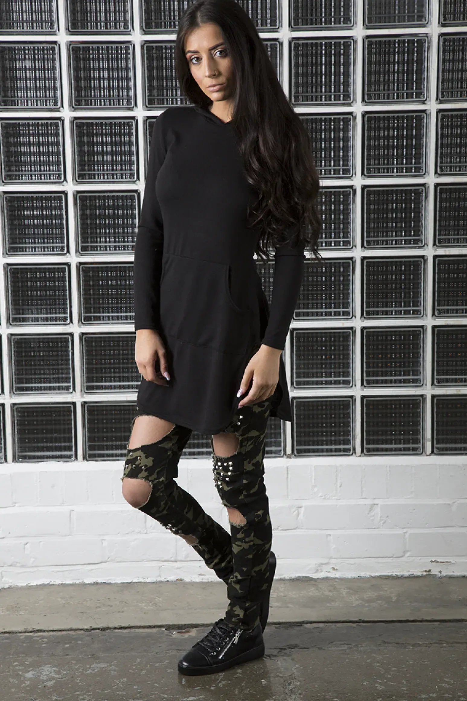 Rebellious Fashion Khaki Camo Studded Ripped Jeans - Christina