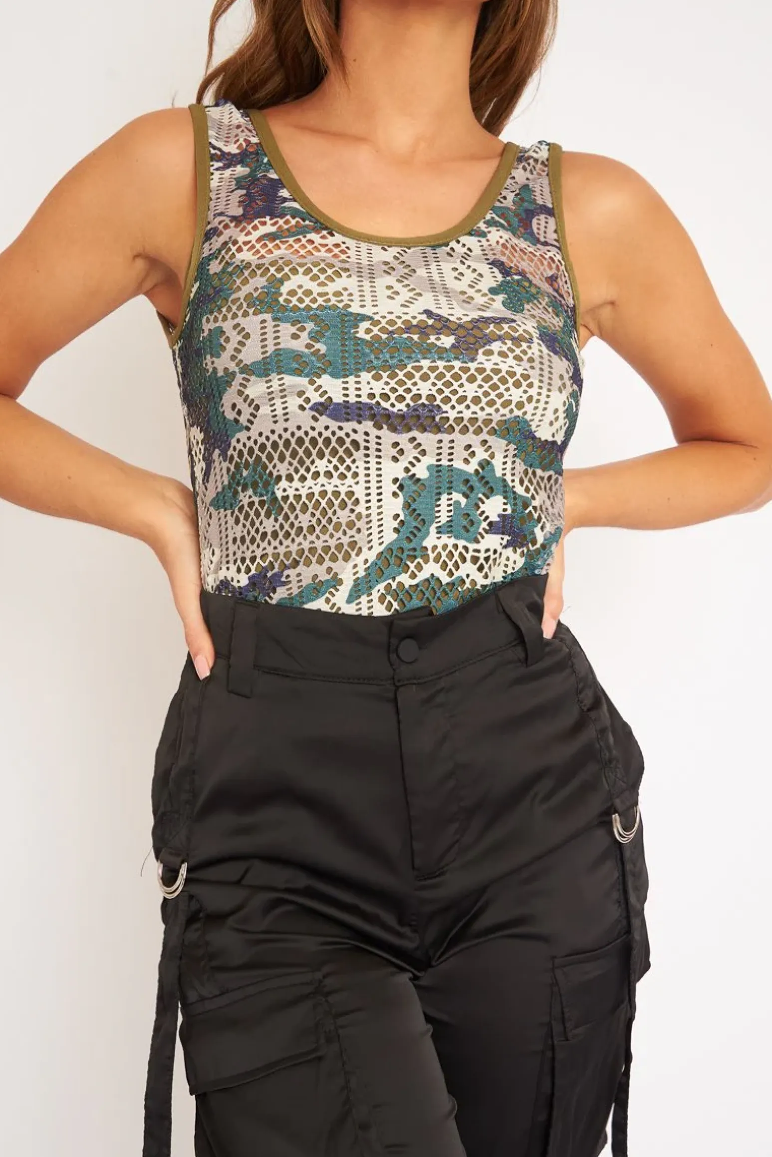 Rebellious Fashion Khaki Camo Thin Knit Tank Top - Meghan