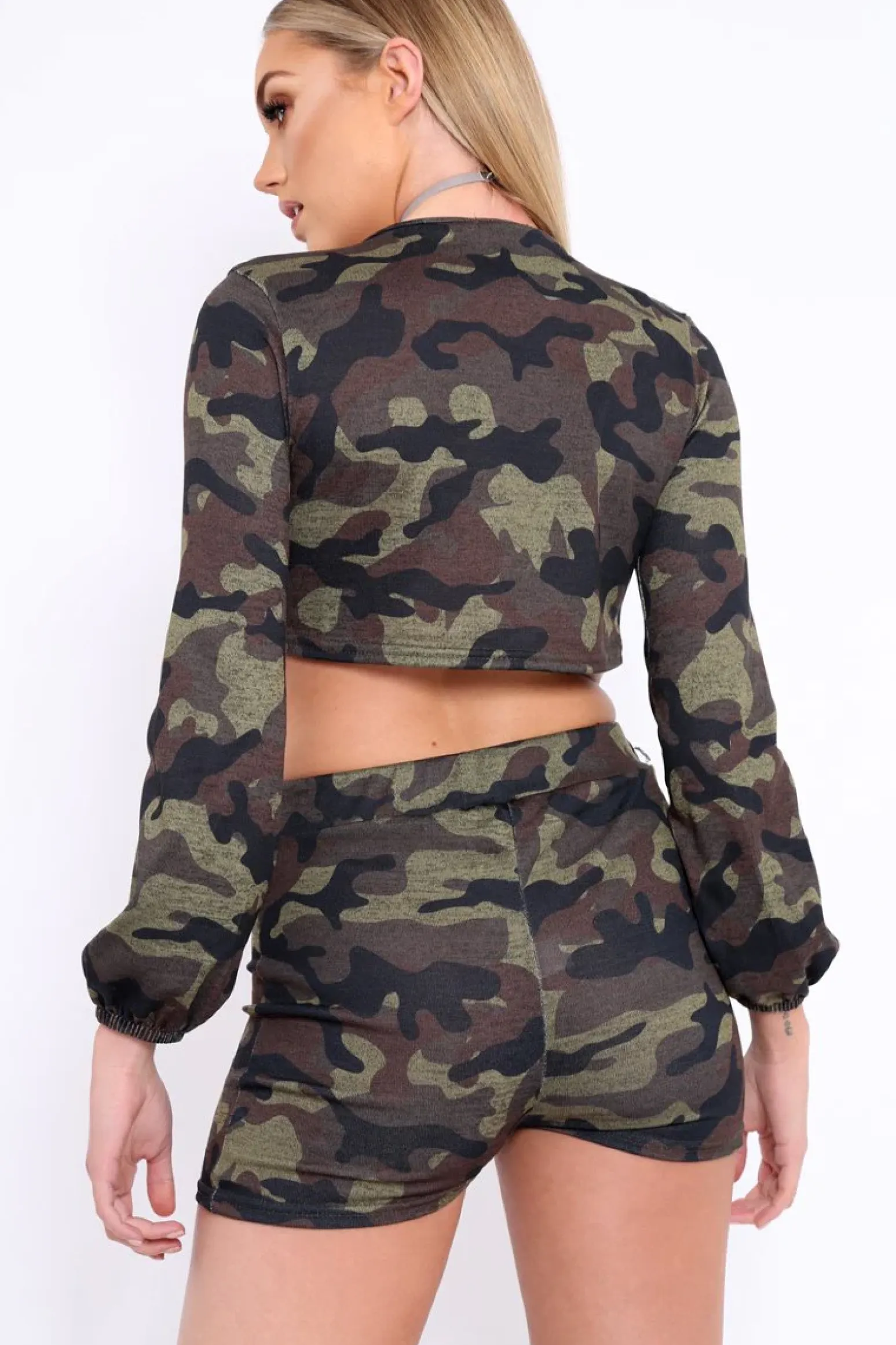 Rebellious Fashion Khaki Camo Tie Crop Top and Shorts Co-ord - Estel