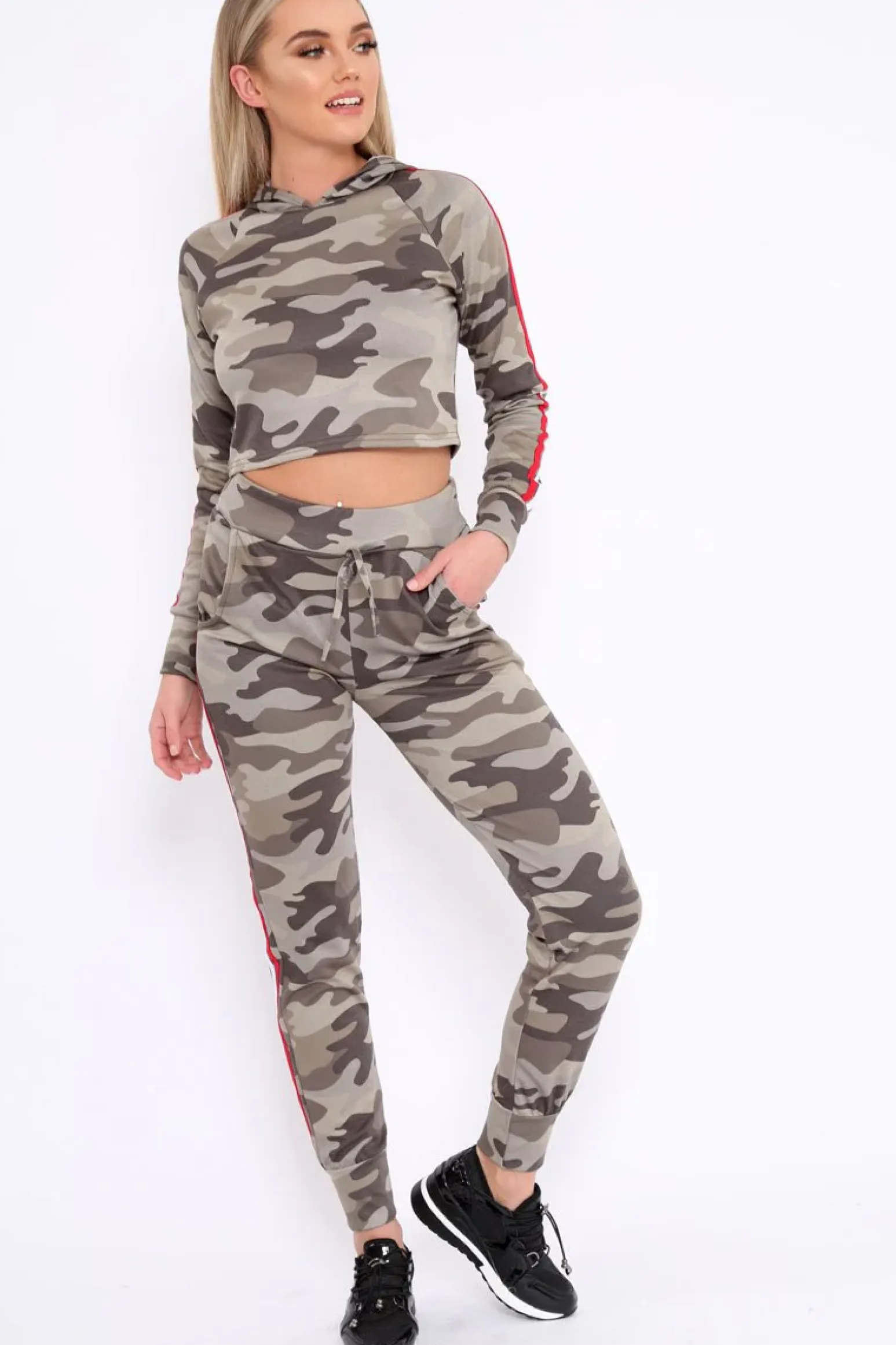 Rebellious Fashion Khaki CamoTracksuit with Red and White Side Stripes - Kady
