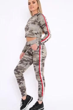 Rebellious Fashion Khaki CamoTracksuit with Red and White Side Stripes - Kady