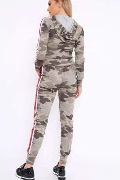 Rebellious Fashion Khaki CamoTracksuit with Red and White Side Stripes - Kady