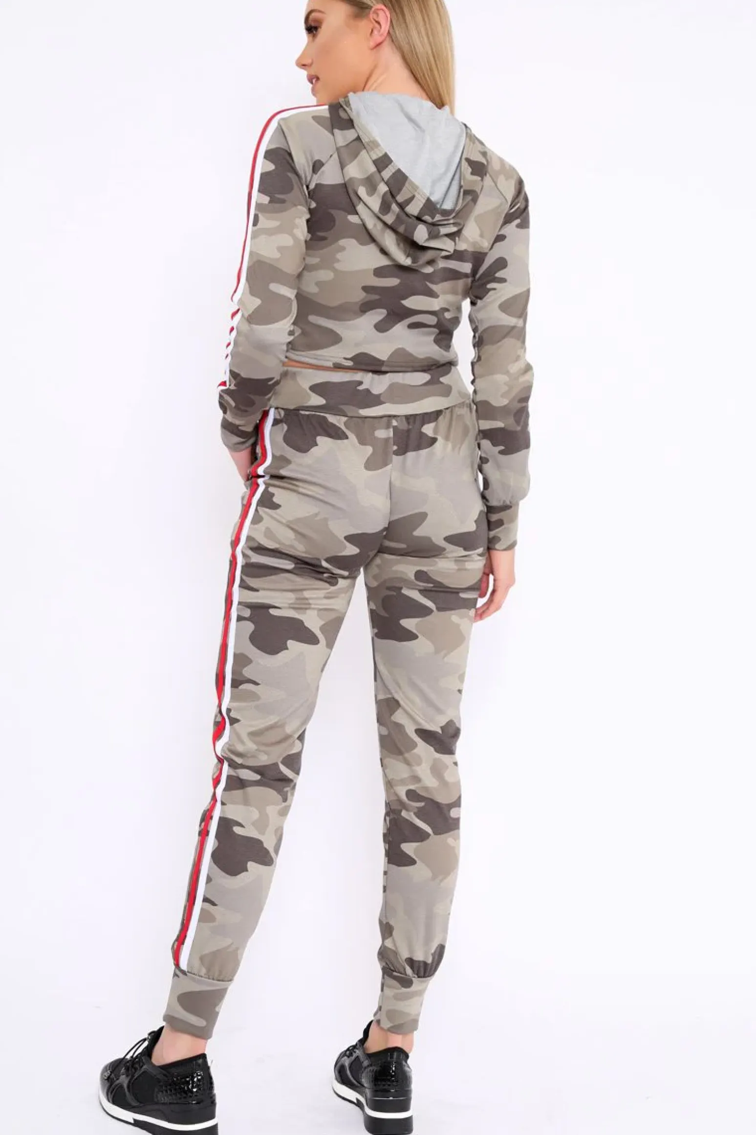 Rebellious Fashion Khaki CamoTracksuit with Red and White Side Stripes - Kady