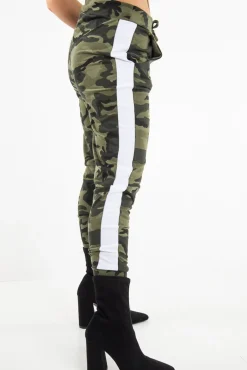 Rebellious Fashion Khaki Camouflage Print Side Stripe Joggers - Shannen