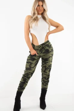 Rebellious Fashion Khaki Camouflage Print Side Stripe Joggers - Shannen