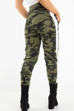 Rebellious Fashion Khaki Camouflage Print Side Stripe Joggers - Shannen