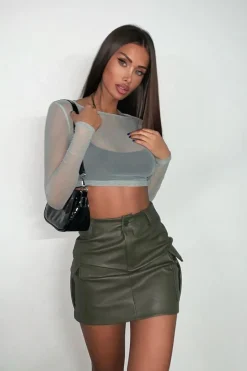 Rebellious Fashion Khaki Cargo Pocket Faux Leather Mini Skirt - Taylia