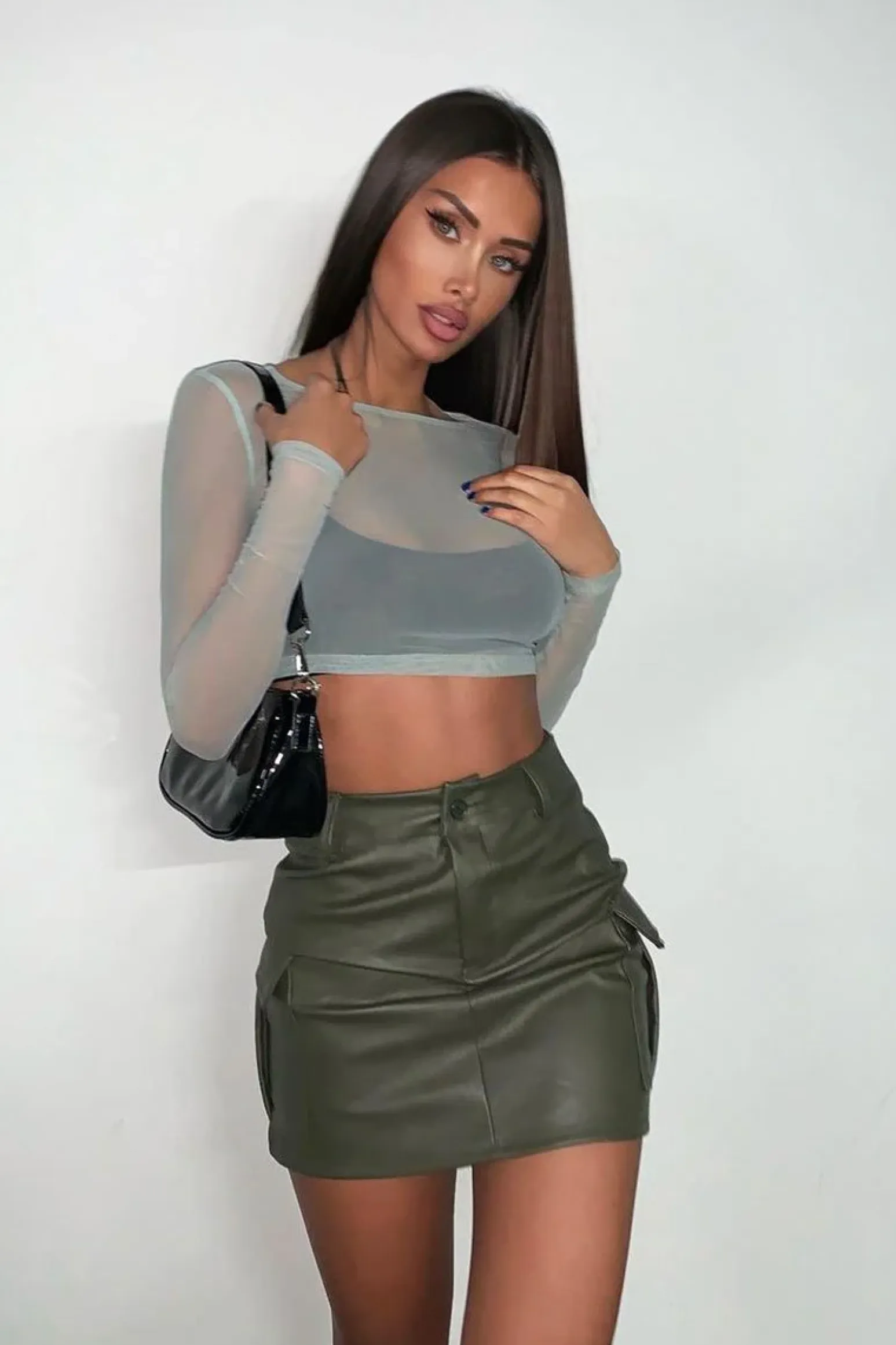 Rebellious Fashion Khaki Cargo Pocket Faux Leather Mini Skirt - Taylia