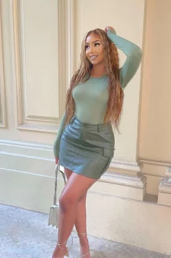 Rebellious Fashion Khaki Cargo Pocket Faux Leather Mini Skirt - Taylia