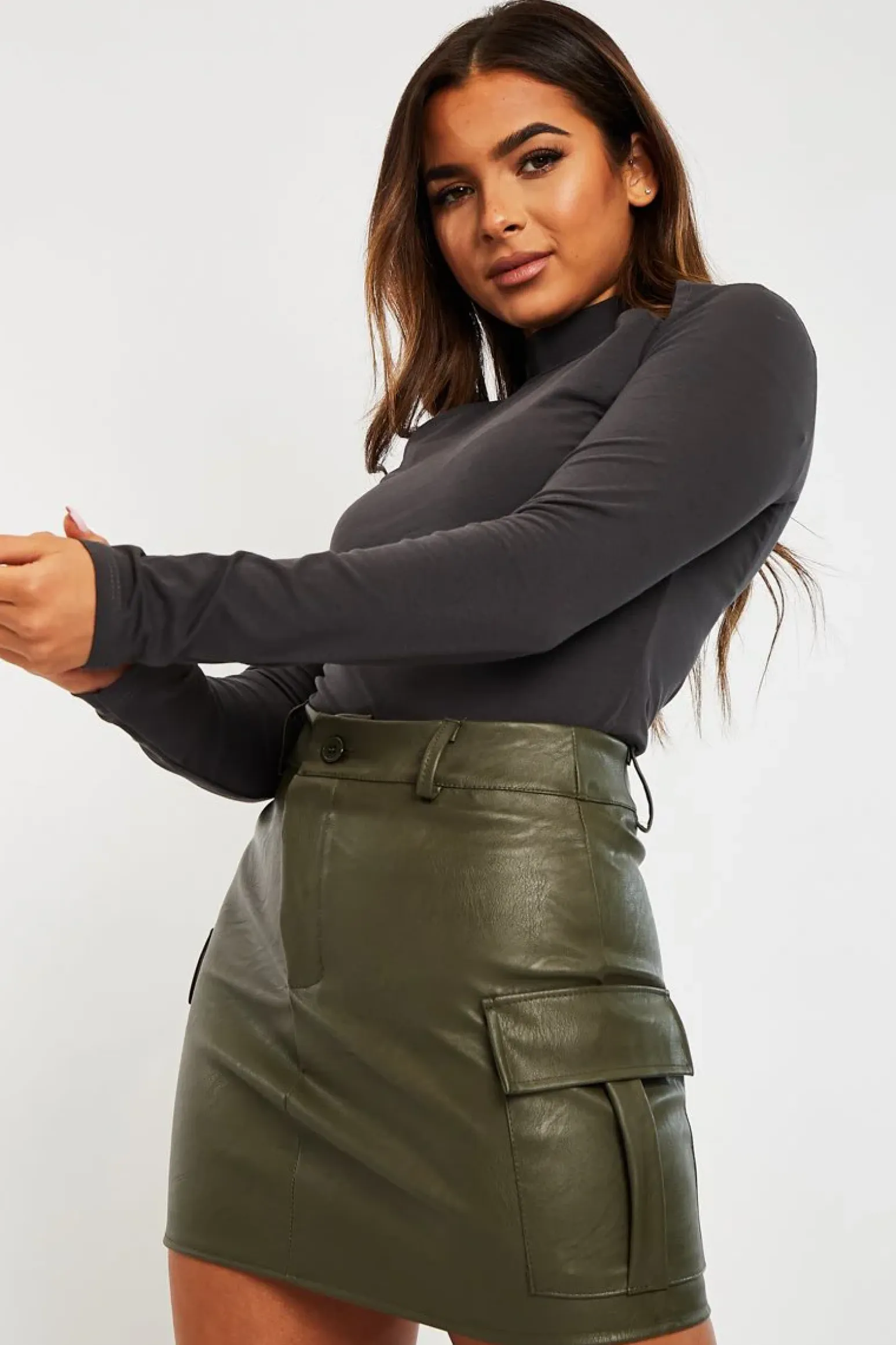 Rebellious Fashion Khaki Cargo Pocket Faux Leather Mini Skirt - Taylia