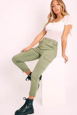 Rebellious Fashion Khaki Cargo Roll Hem Jeans - Makaria