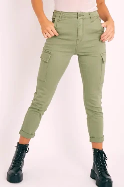 Rebellious Fashion Khaki Cargo Roll Hem Jeans - Makaria
