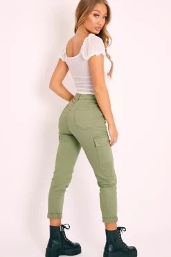 Rebellious Fashion Khaki Cargo Roll Hem Jeans - Makaria