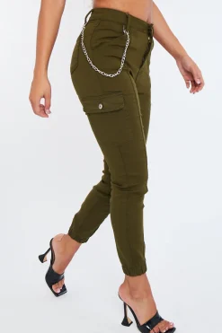 Rebellious Fashion Khaki Chain Detail Stretch Cargo Trousers - Nellie