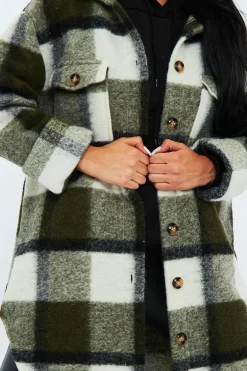 Rebellious Fashion Khaki Checked Pocket Front Shacket - Dalani
