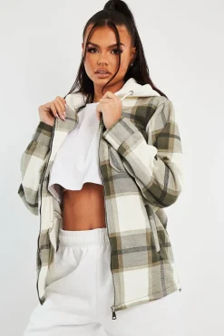 Rebellious Fashion Khaki Check Hooded Shacket - Destyn