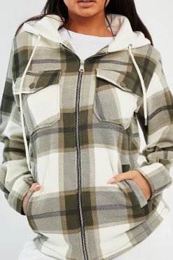 Rebellious Fashion Khaki Check Hooded Shacket - Destyn
