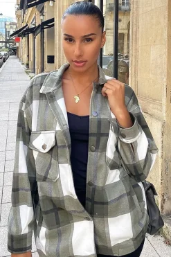 Rebellious Fashion Khaki Check Pocket Front Shacket - Misa