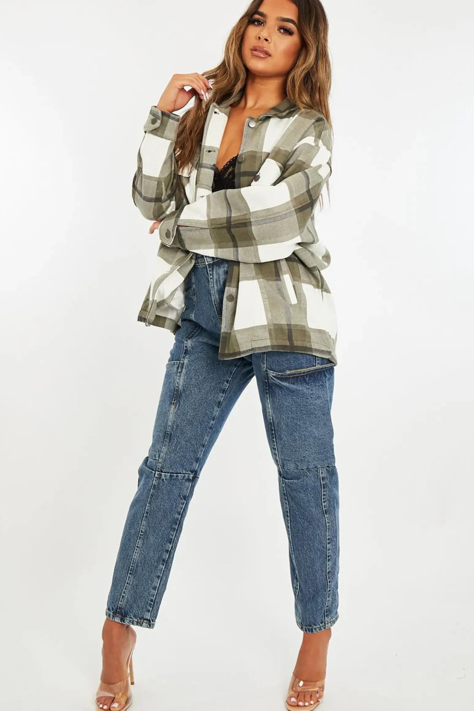 Rebellious Fashion Khaki Check Pocket Front Shacket - Misa