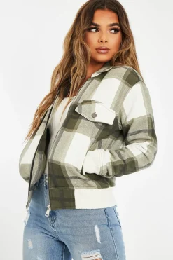 Rebellious Fashion Khaki Check Zip Front Bomber Jacket - Luna