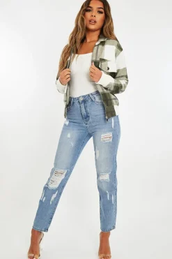 Rebellious Fashion Khaki Check Zip Front Bomber Jacket - Luna