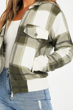 Rebellious Fashion Khaki Check Zip Front Bomber Jacket - Luna