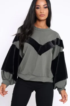 Rebellious Fashion Khaki Chevron Fur Jumper - Lara