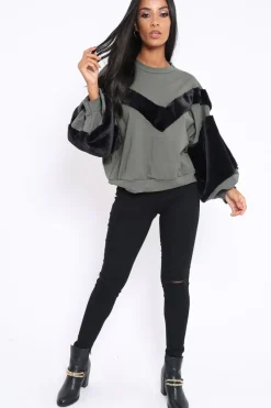 Rebellious Fashion Khaki Chevron Fur Jumper - Lara