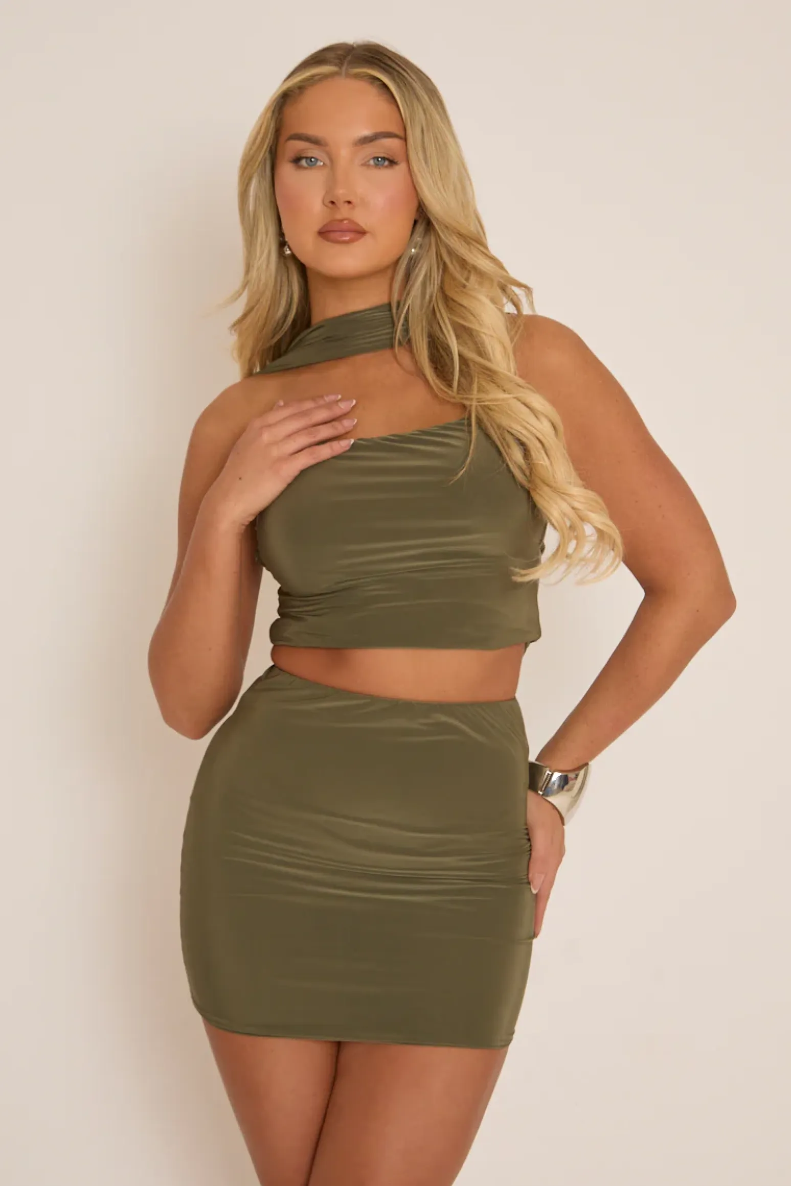 Rebellious Fashion Khaki Choker Detail Strapless Top and Mini Skirt Co-ord - Elowen