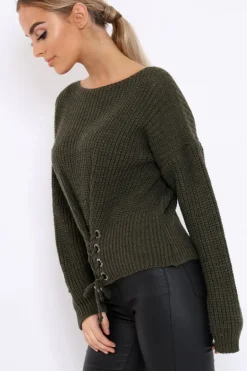 Rebellious Fashion Khaki Chunky Knit Corset Waist Knitted Jumper - Mikayla