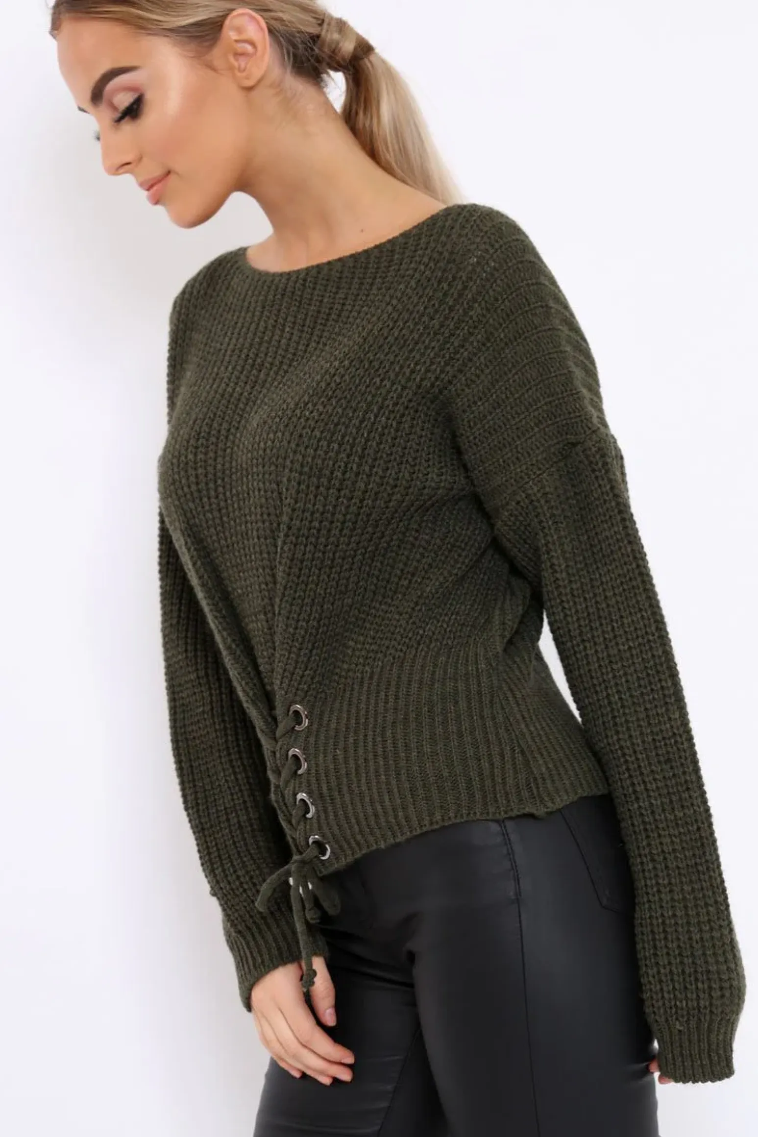 Rebellious Fashion Khaki Chunky Knit Corset Waist Knitted Jumper - Mikayla