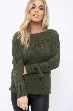 Rebellious Fashion Khaki Chunky Knit Lace Up Sleeve Jumper - Sarah