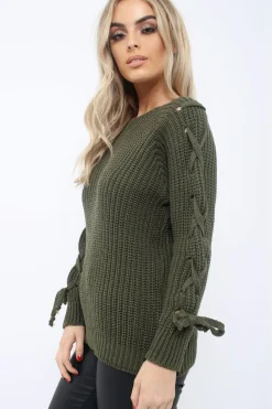 Rebellious Fashion Khaki Chunky Knit Lace Up Sleeve Jumper - Sarah
