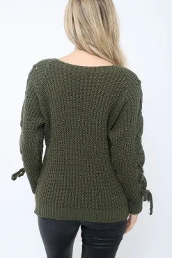 Rebellious Fashion Khaki Chunky Knit Lace Up Sleeve Jumper - Sarah