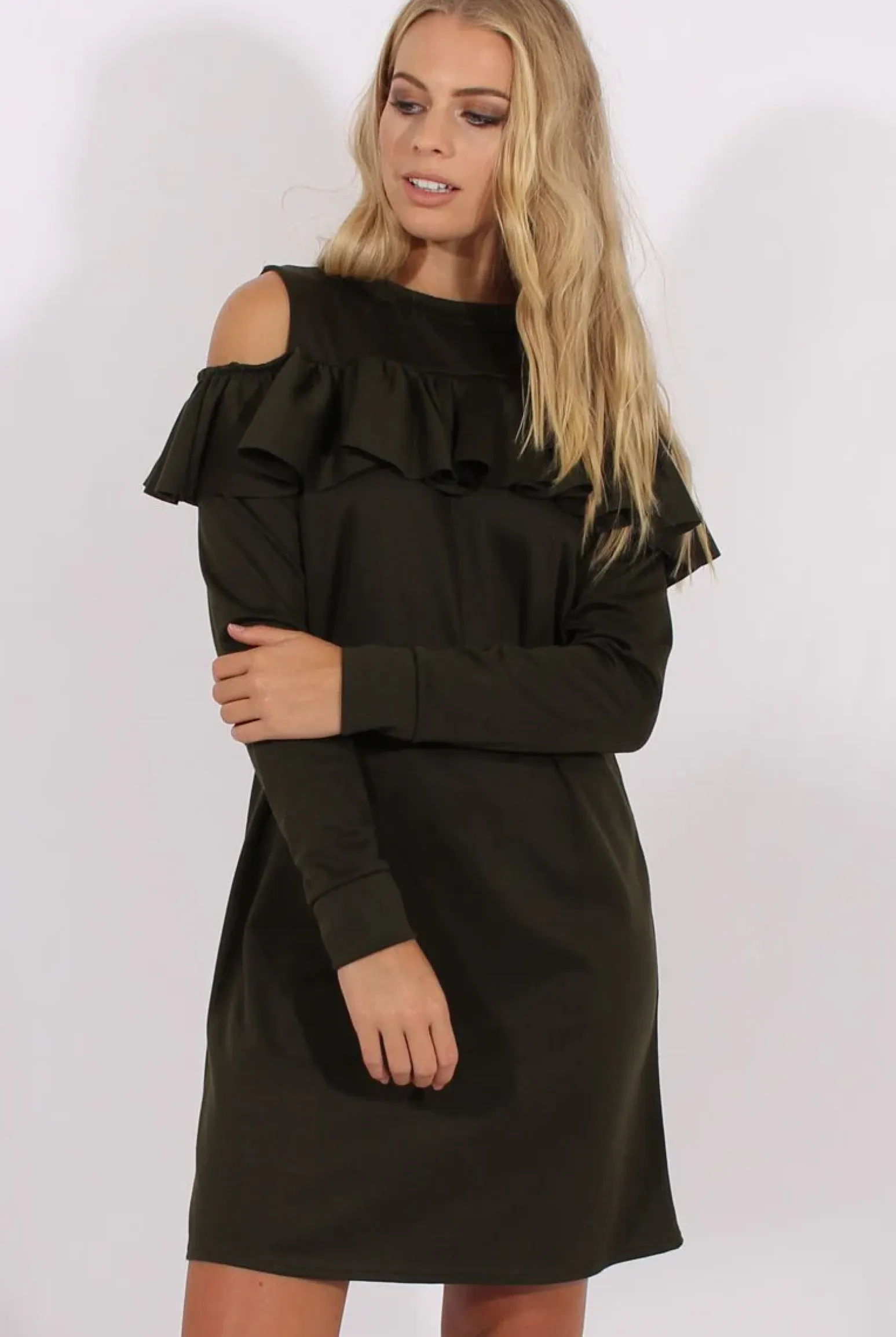 Rebellious Fashion Khaki Cold Shoulder Frill Layer Swing Dress - Megan