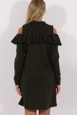 Rebellious Fashion Khaki Cold Shoulder Frill Layer Swing Dress - Megan