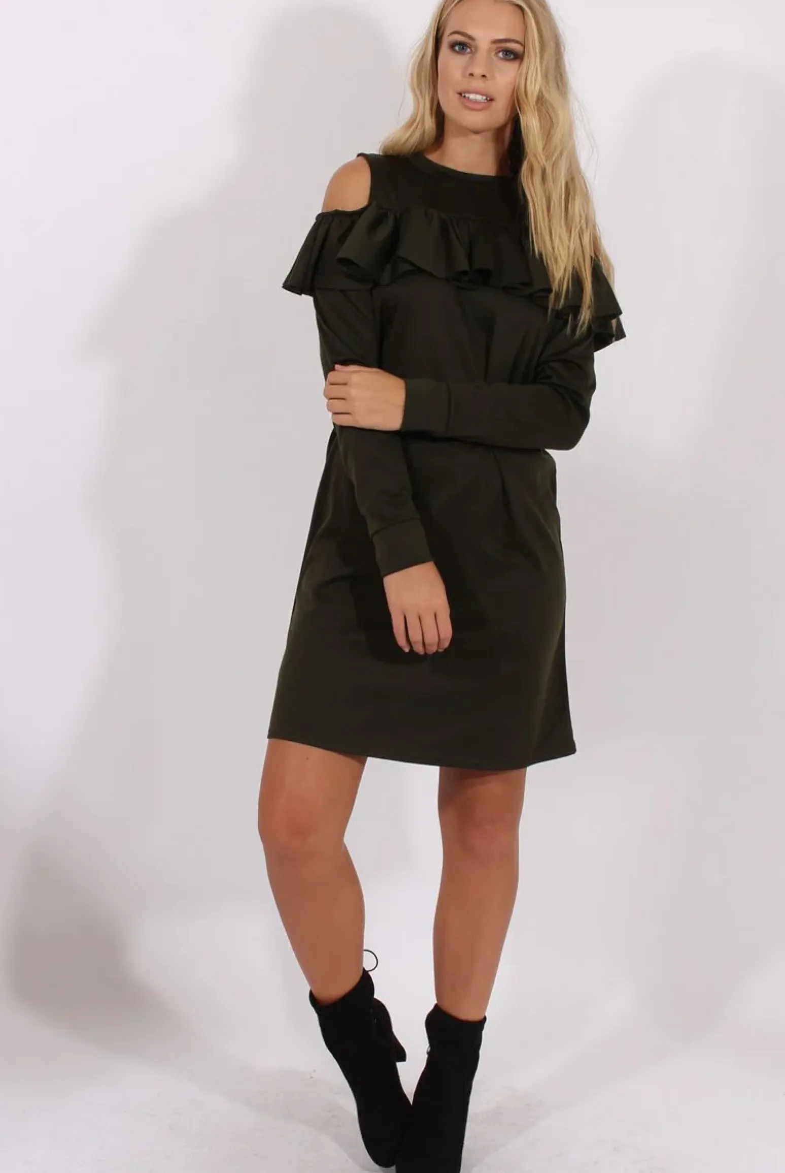 Rebellious Fashion Khaki Cold Shoulder Frill Layer Swing Dress - Megan