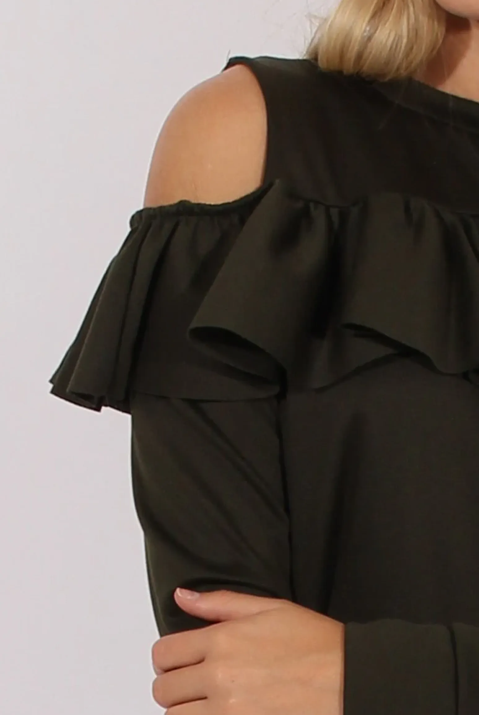 Rebellious Fashion Khaki Cold Shoulder Frill Layer Swing Dress - Megan