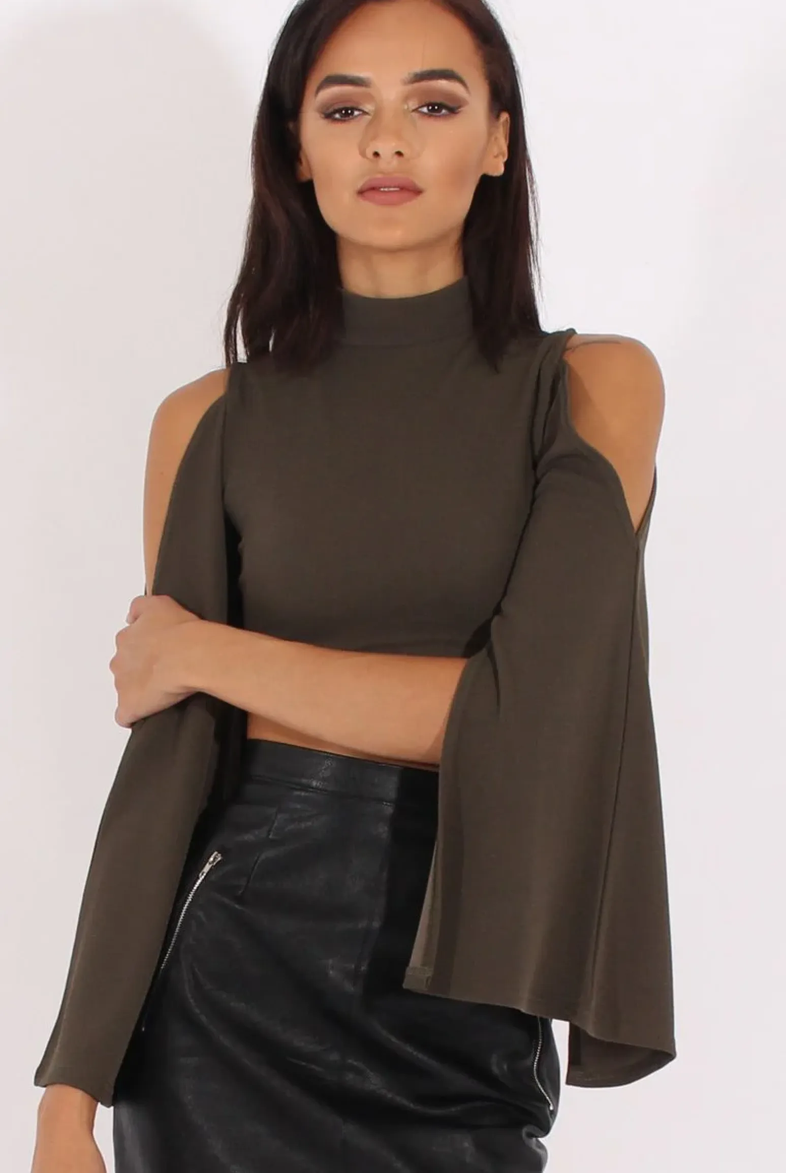 Rebellious Fashion Khaki Cold Shoulder Split Sleeve Crop Top - Opal