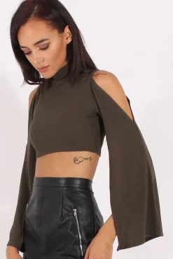 Rebellious Fashion Khaki Cold Shoulder Split Sleeve Crop Top - Opal