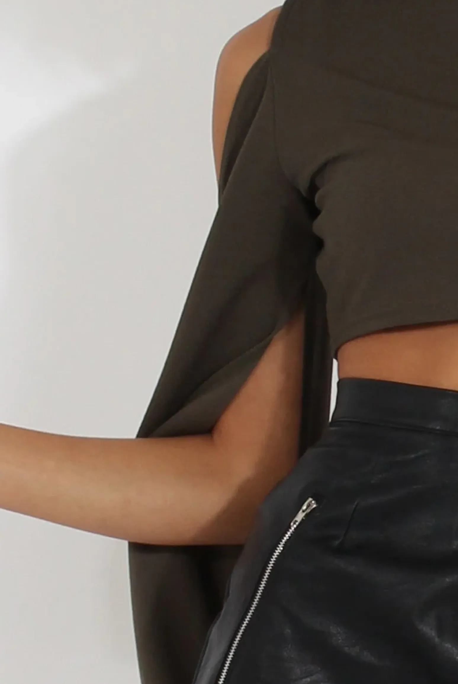 Rebellious Fashion Khaki Cold Shoulder Split Sleeve Crop Top - Opal